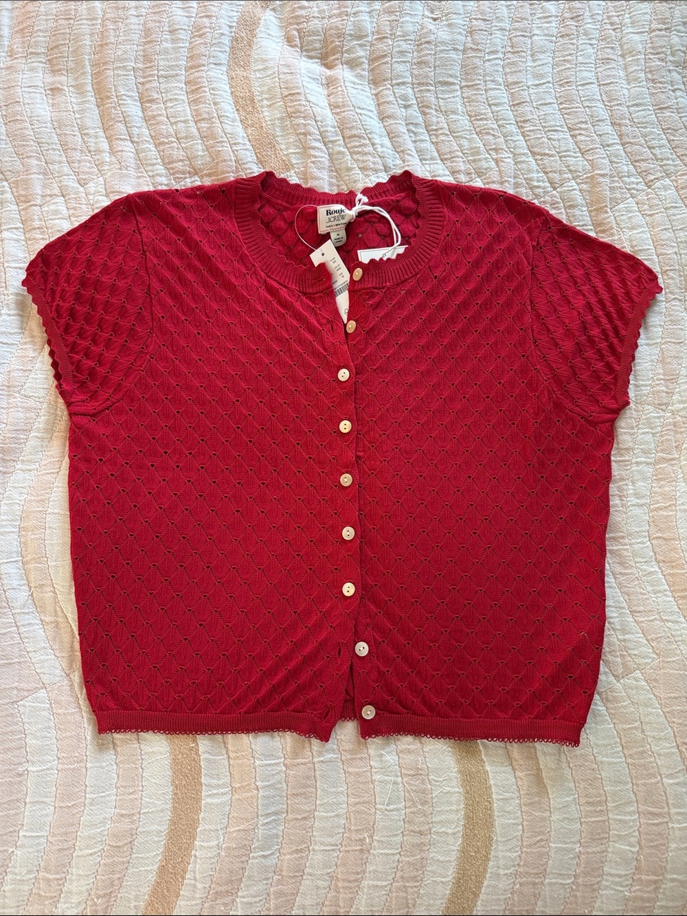J Crew Red Short-Sleeve Pointelle Button-Front Cardigan